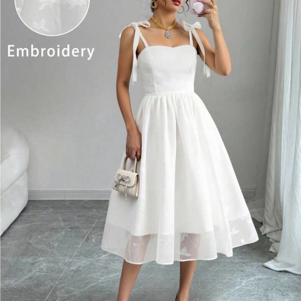 SHEIN White Midi Dress with Embroidery